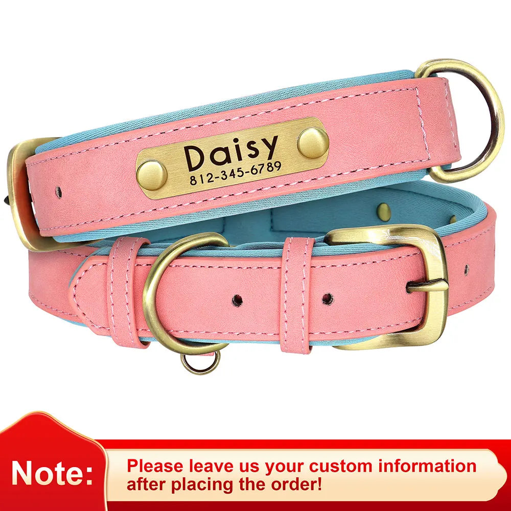Personalized Dog Collar, Adjustable Padded PU Leather Collar