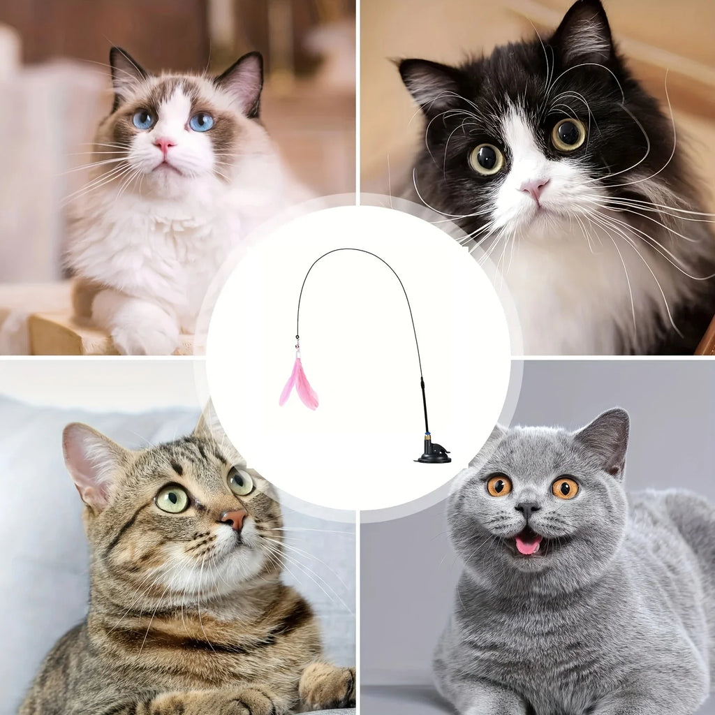 Cat Teaser Toy – Interactive Feather Wand with Bell & Suction Cup