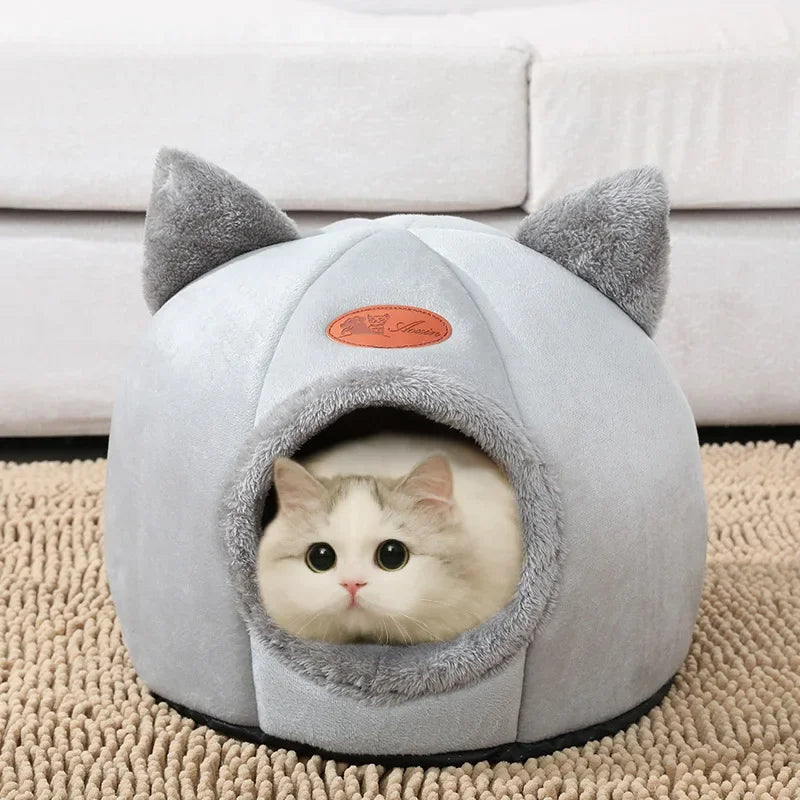 Winter Cat Bed – Cozy Indoor Cave House with Removable Cushion