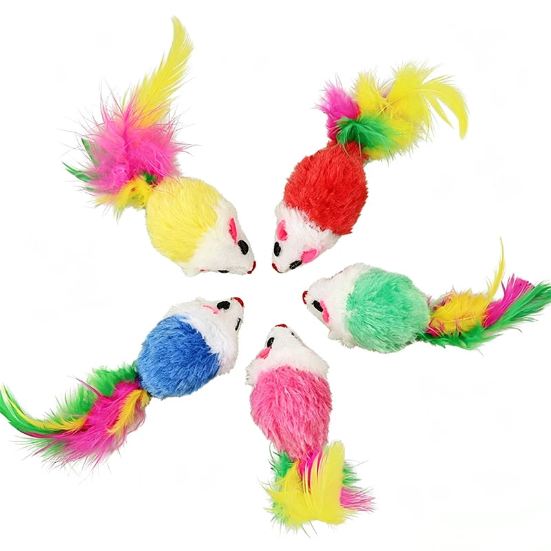 Plush Mouse Cat Toy with Sound & Colorful Feather Tail