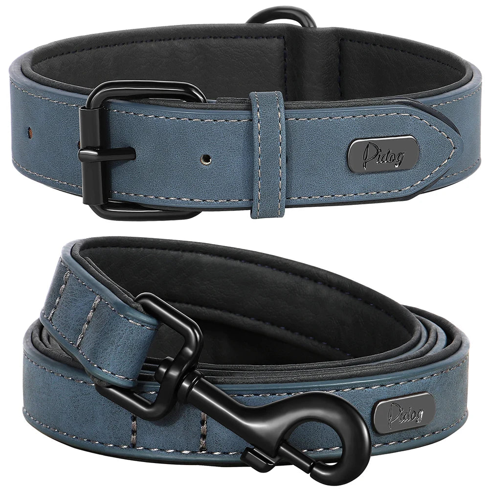 PU Leather Dog Collar and Leash Set, Adjustable Padded