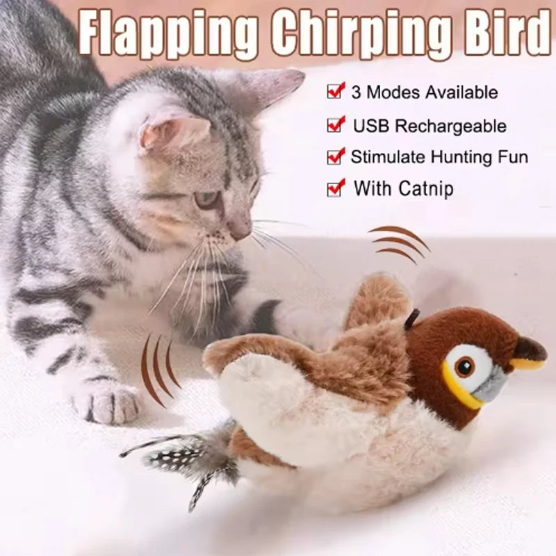Interactive Cat Toy Flapping Bird Plush Chirping Toy Touch Activated