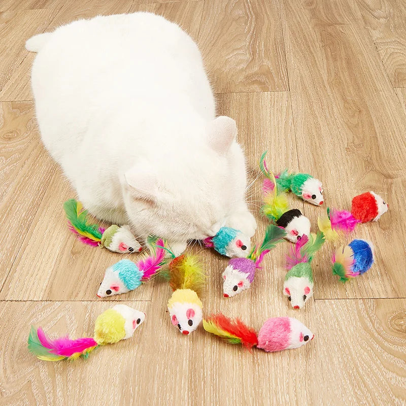Feather Cat Mouse Toy – Rabbit Fur Rainbow Ball Kitten Toy