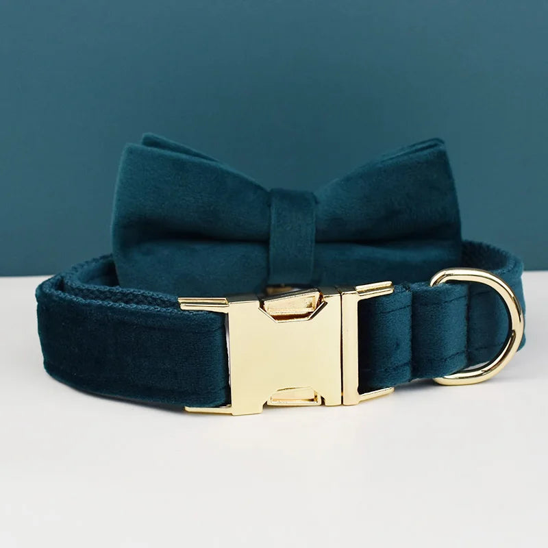 Dog Collar and Leash Set, Adjustable Velvet Collar with Gold Detail