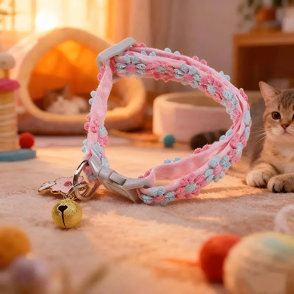 Cat Collar – Cherry Blossom Embroidery with Bell & Breakaway Buckle