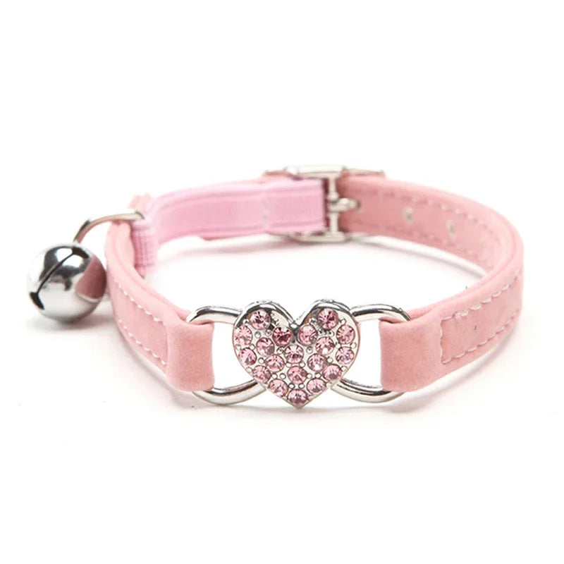 Velvet Cat Collar with Bell – Heart Charm Adjustable Elastic Collar