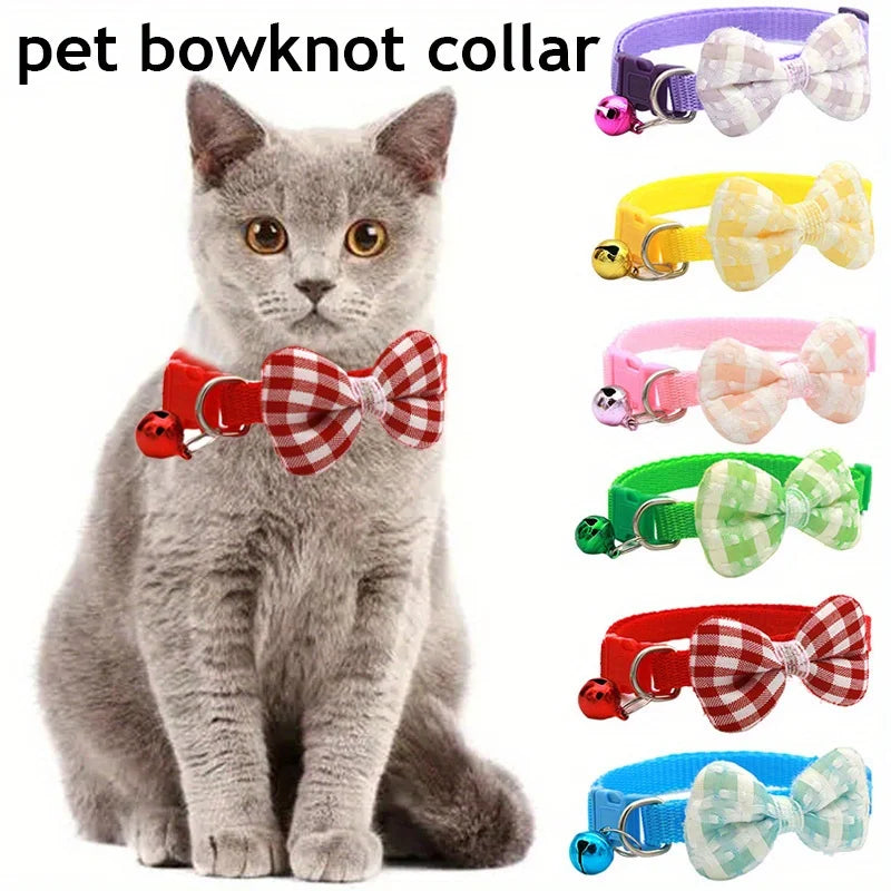 Plaid Cat Collar with Tie Bow, Adjustable Nylon Pet Accessory