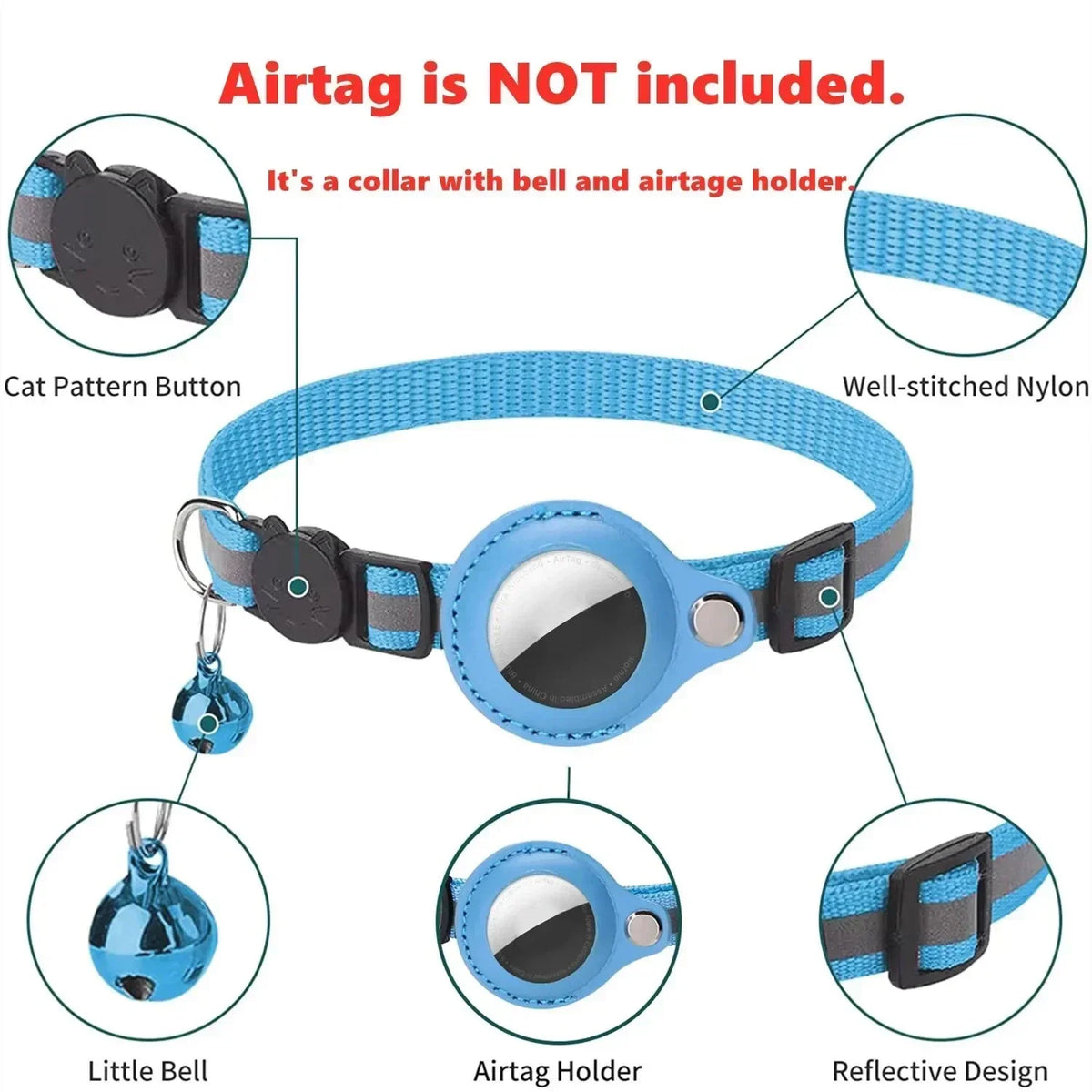 AirTag Cat Collar with Reflective Holder, Bell & Adjustable Fit