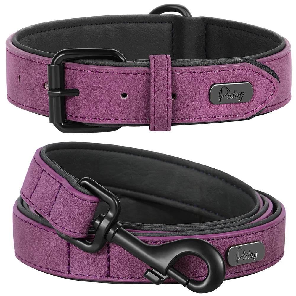 PU Leather Dog Collar and Leash Set, Adjustable Padded