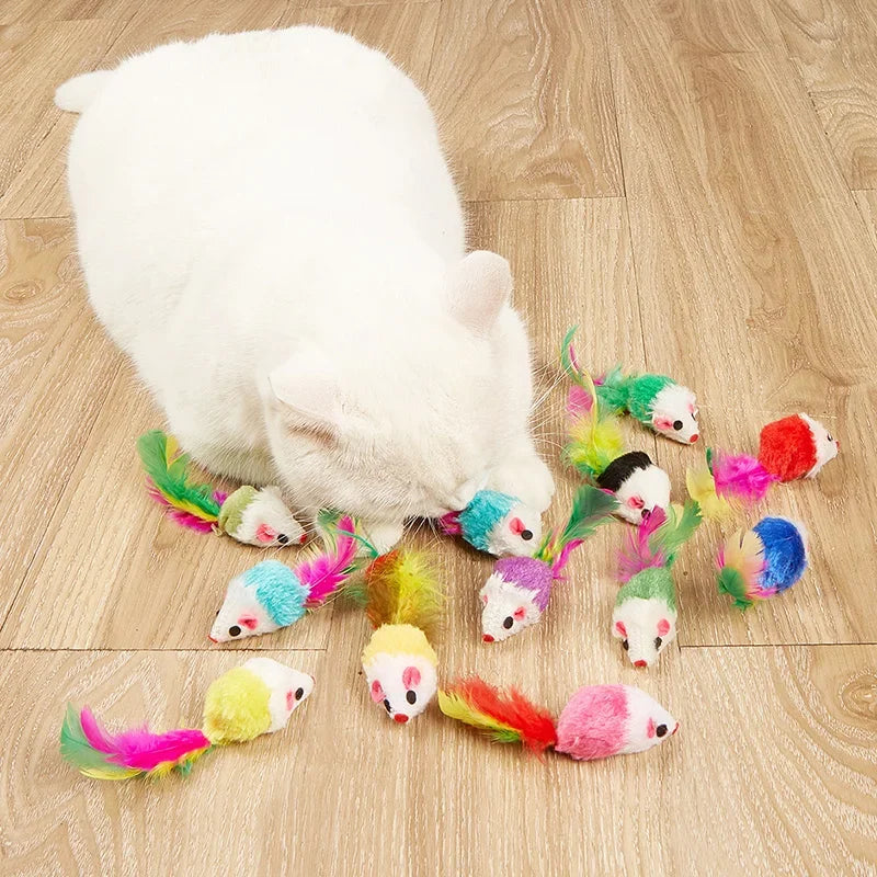 Feather Cat Mouse Toy – Rabbit Fur Rainbow Ball Kitten Toy