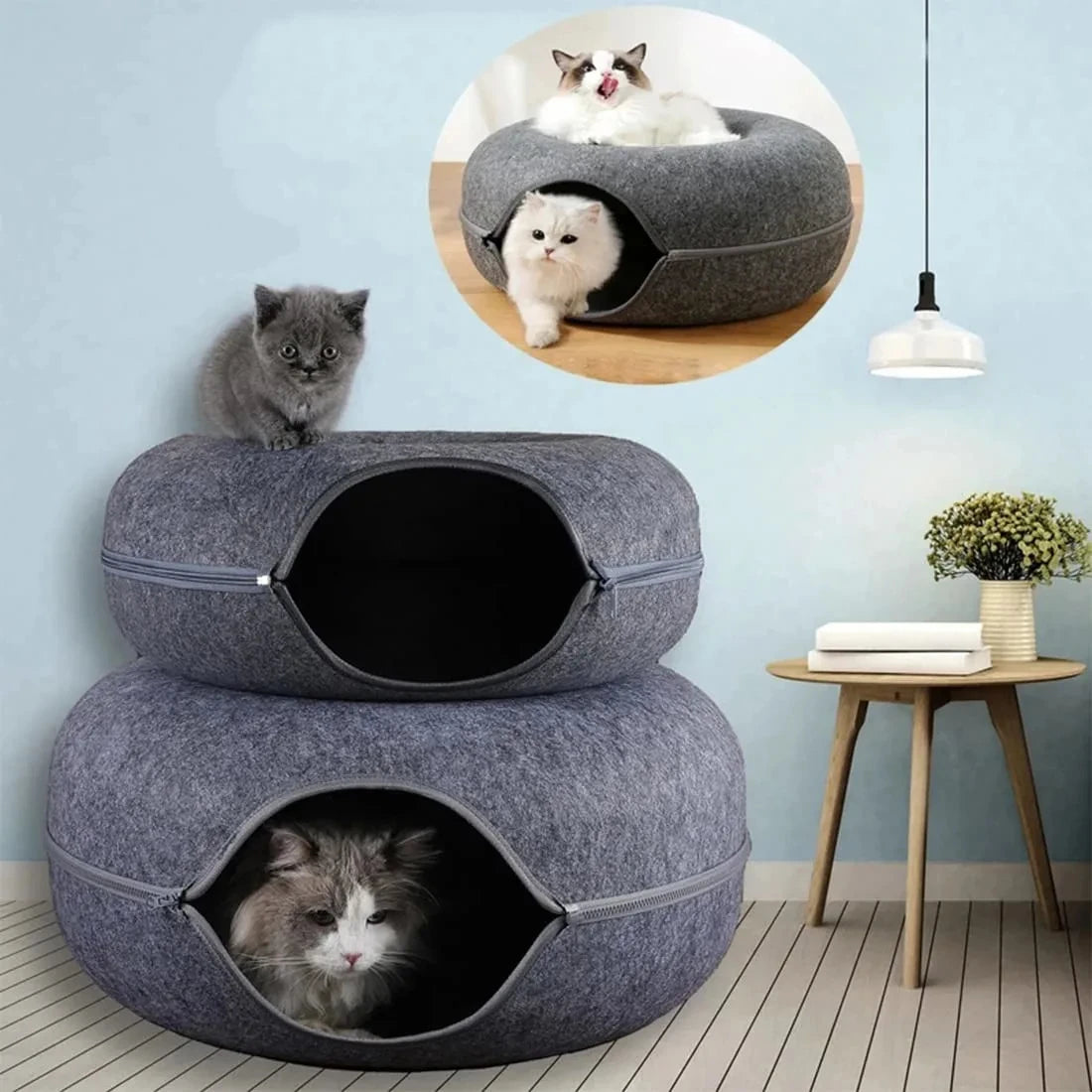 Cat Tunnel Bed – Felt Donut Nest & Sleeping House