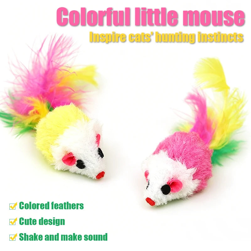 Plush Mouse Cat Toy with Sound & Colorful Feather Tail