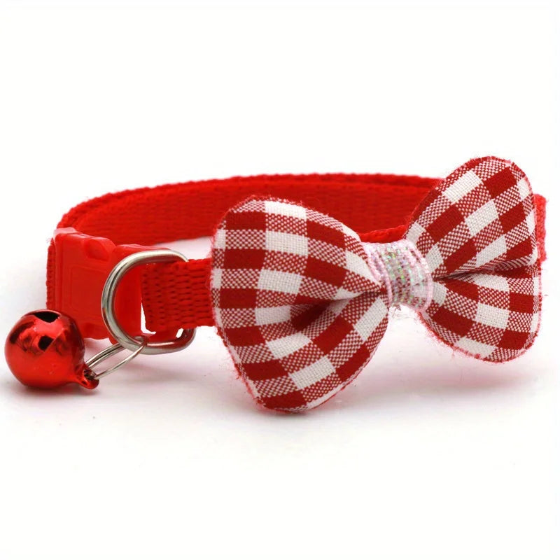 Plaid Cat Collar with Tie Bow, Adjustable Nylon Pet Accessory