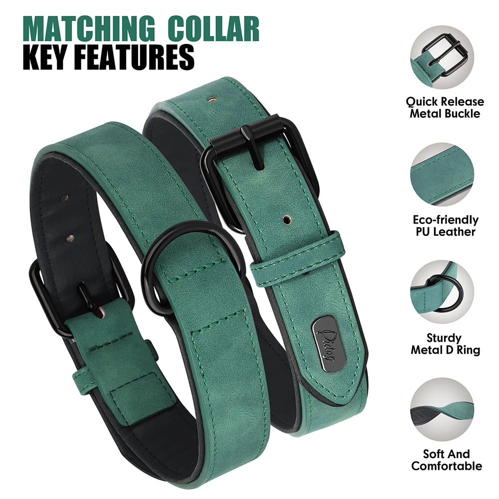 PU Leather Dog Collar and Leash Set, Adjustable Padded