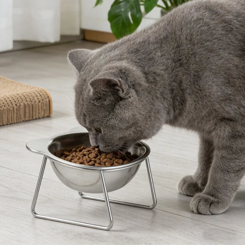 Tilted Cat Bowl – Stainless Steel Food Dish with Metal Stand