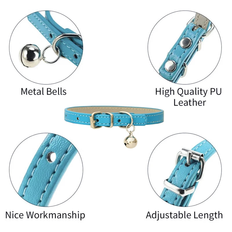 PU Leather Cat Collar Adjustable Soft Padded Pet Collar with Bell