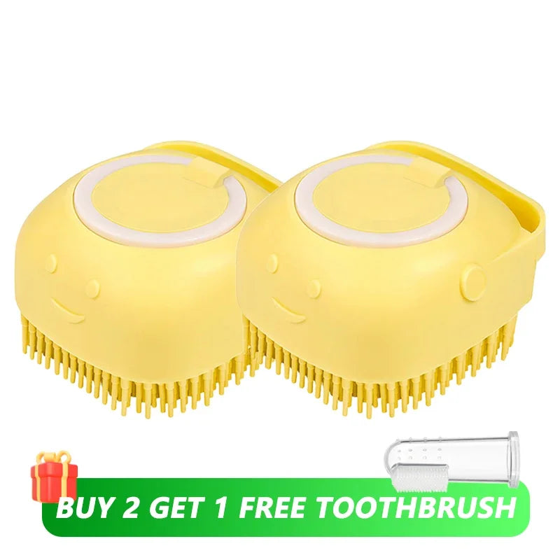 Dog Bath Brush with Shampoo Dispenser, Soft Silicone Bristles