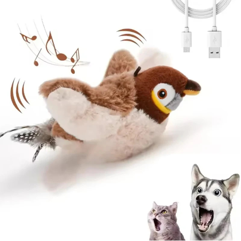 Interactive Cat Toy Flapping Bird Plush Chirping Toy Touch Activated