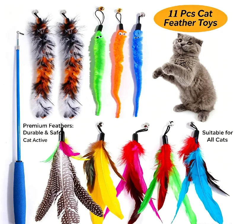Cat Feather Wand Toy – 11 Piece Retractable Teaser Set