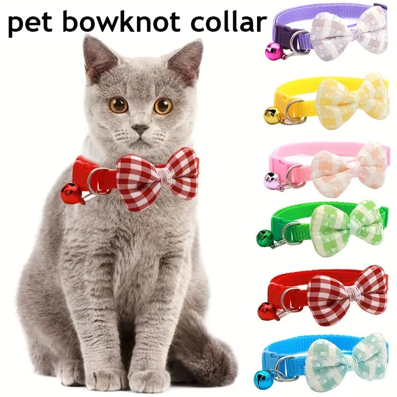 Plaid Cat Collar with Tie Bow, Adjustable Nylon Pet Accessory