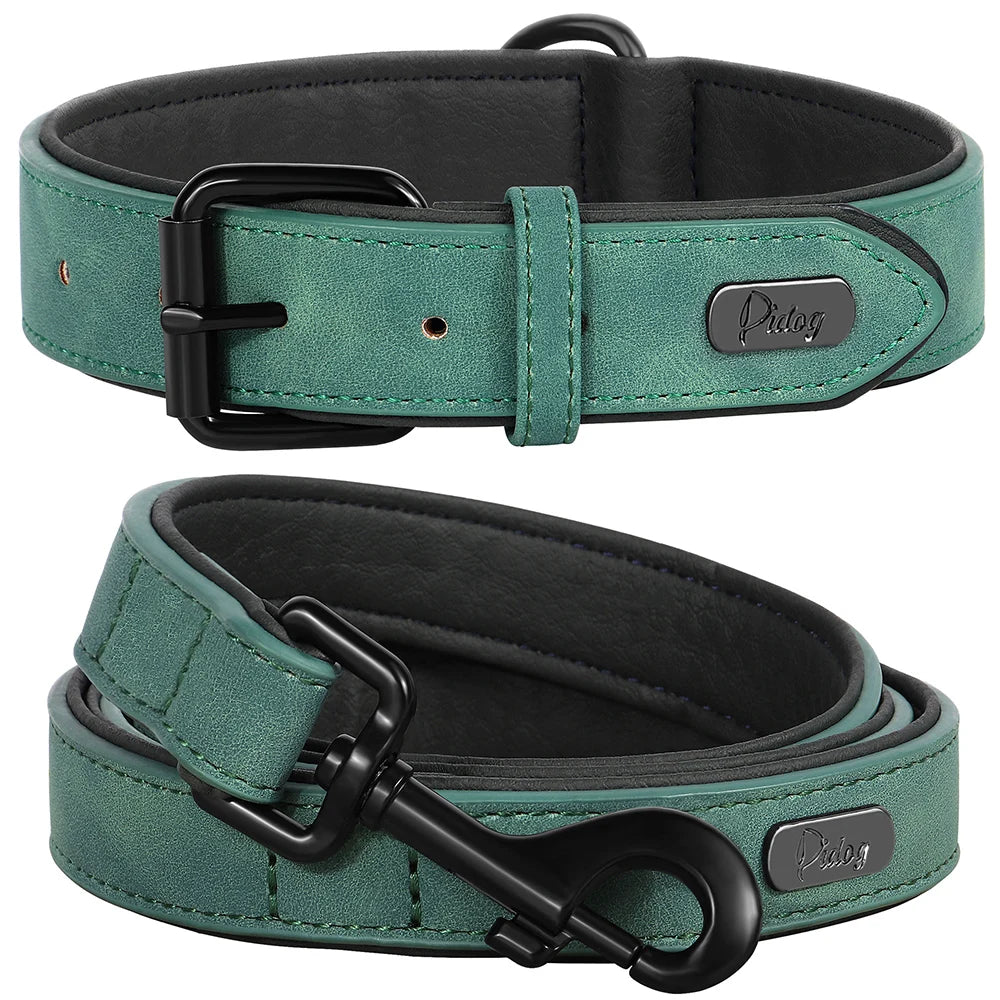PU Leather Dog Collar and Leash Set, Adjustable Padded