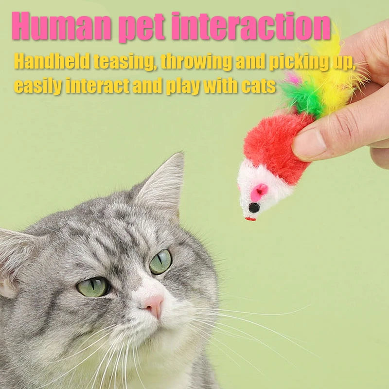 Plush Mouse Cat Toy with Sound & Colorful Feather Tail
