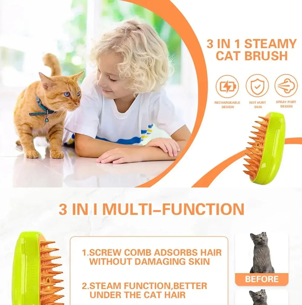 Cat Steam Brush – Electric Grooming, Massage & Deshedding Tool