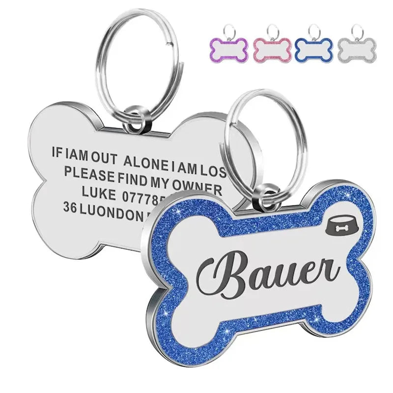 Custom Double Side Dog Cat ID Tag Glitter Dogs Cats Name Pendant Tags Pet Collar Accessories Anti-lost Bone Tags for Dog Cat