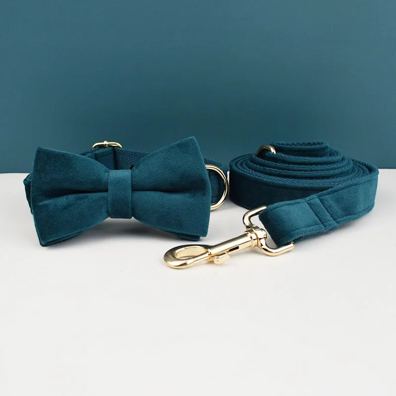 Dog Collar and Leash Set, Adjustable Velvet Collar with Gold Detail