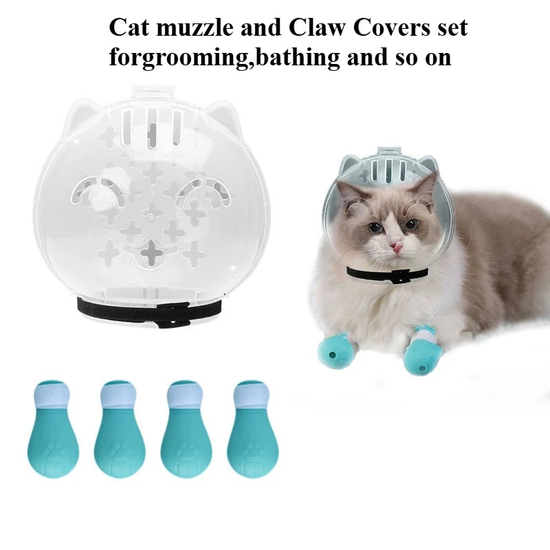 Cat Muzzle for Grooming, Anti-Bite Cover with 4 Paw Shoes