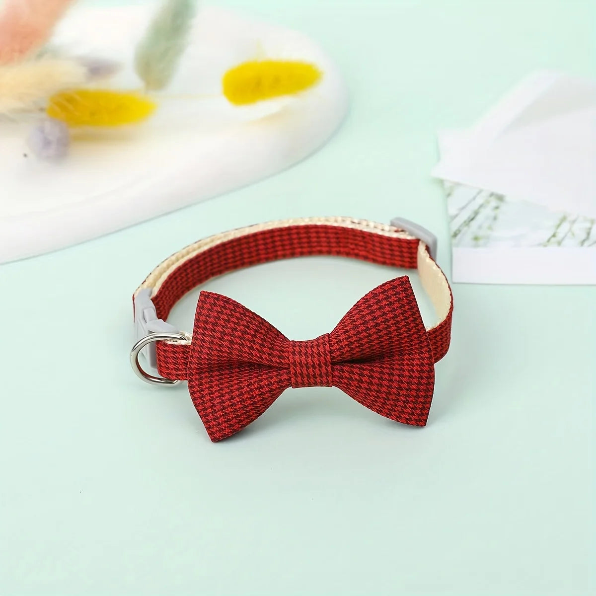 Plaid Cat Collar with Tie Bow, Adjustable Nylon Pet Accessory