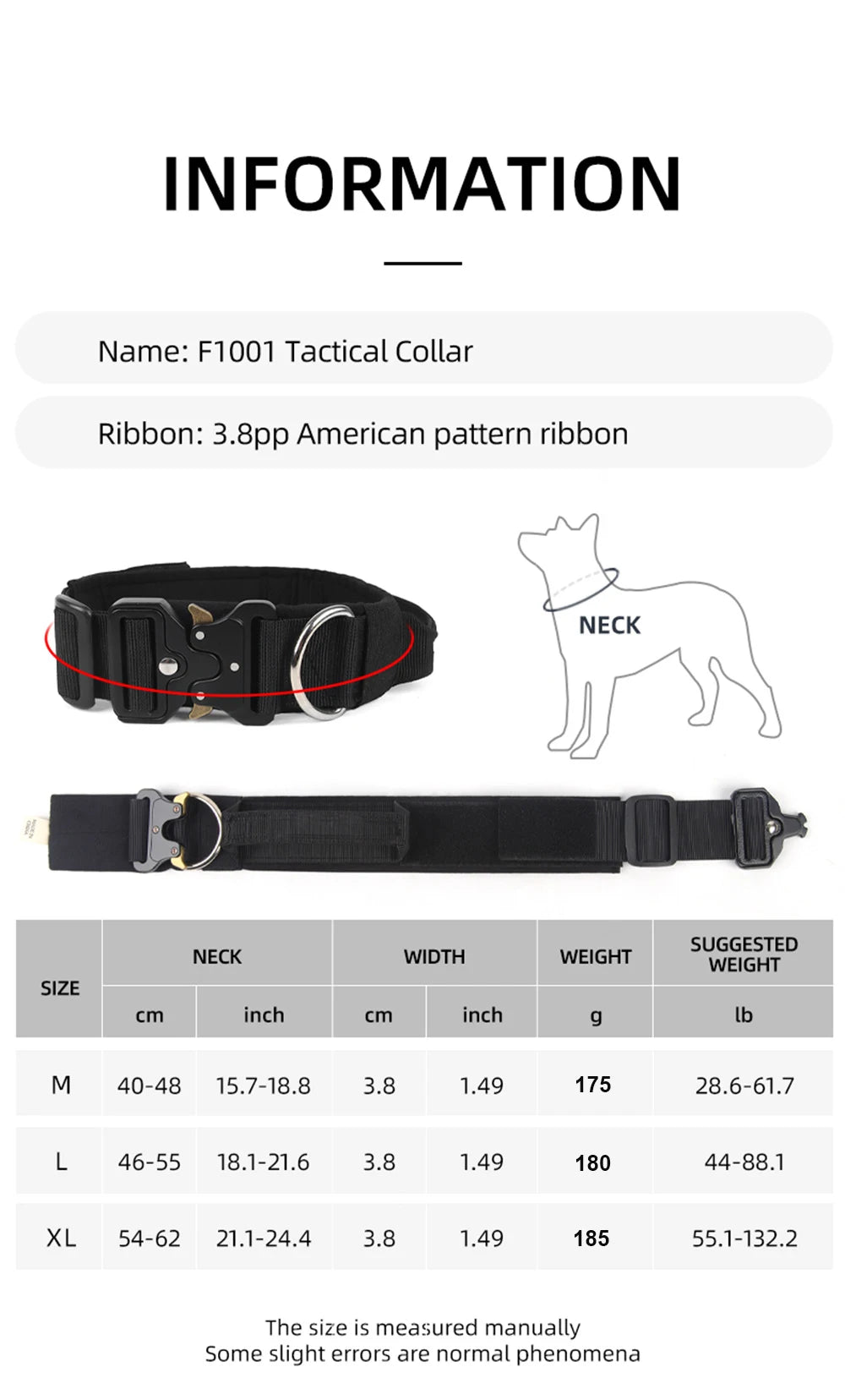 Tactical Dog Collar for Medium & Large Dogs, Padded Adjustable