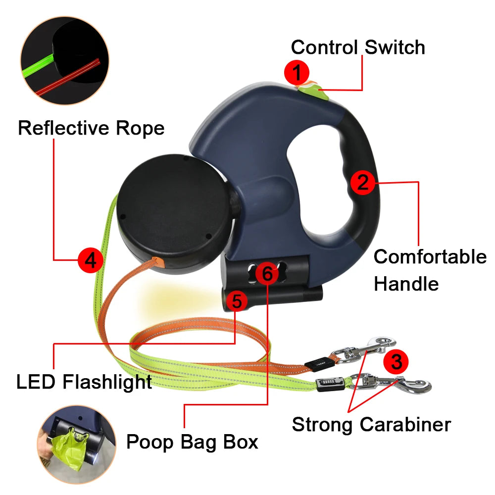Retractable Dog Leash – 3m Reflective Double Lead with Lights