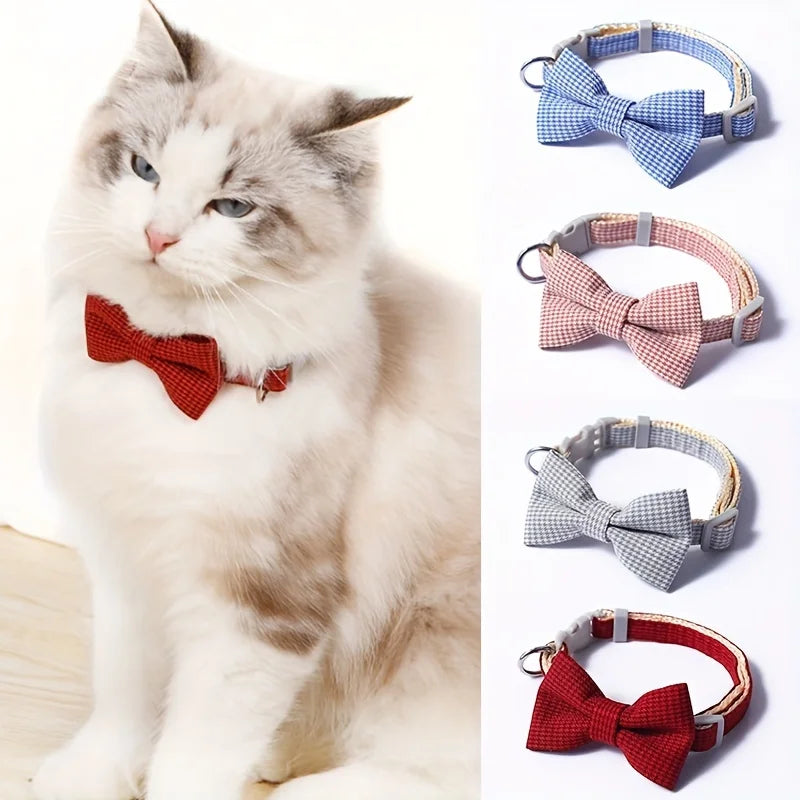 Plaid Cat Collar with Tie Bow, Adjustable Nylon Pet Accessory