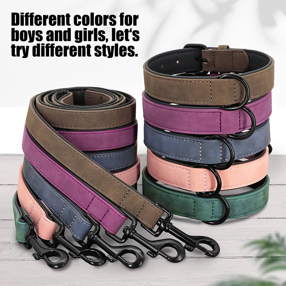 PU Leather Dog Collar and Leash Set, Adjustable Padded