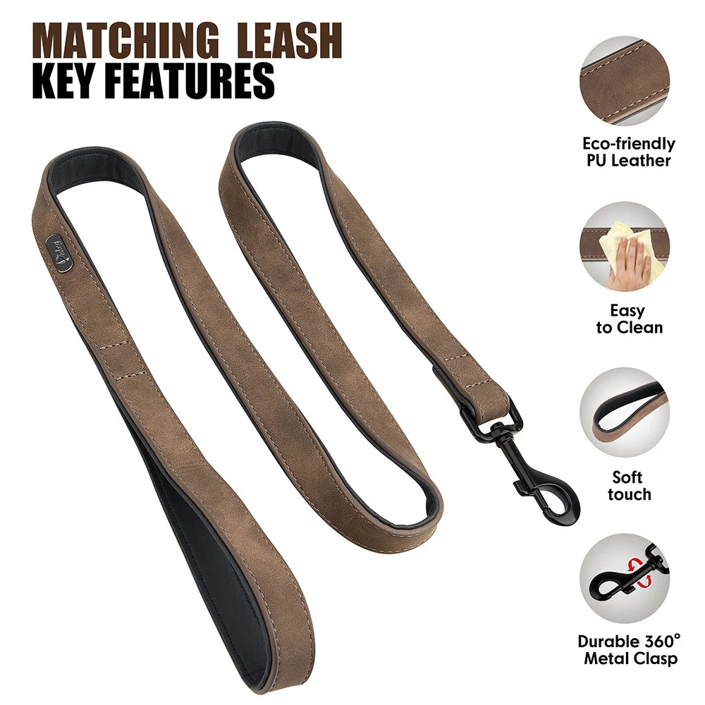 PU Leather Dog Collar and Leash Set, Adjustable Padded