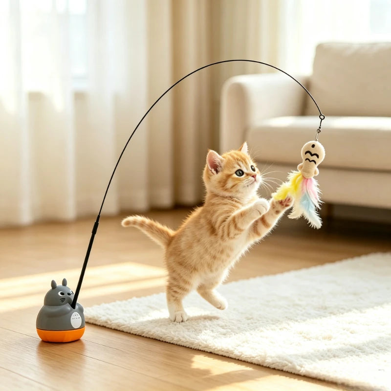 Interactive Cat Toy with Feather Wand & Rotating Base for Indoor Cats