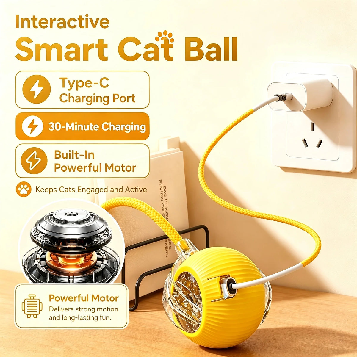 Smart Obstacle Avoidance Cat Ball Toy Adjustable Speed Electric Self Rolling Interactive Ball With Long Elastic Rope For Play
