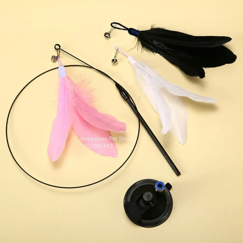 Cat Teaser Toy – Suction Cup Feather Wand with Bell