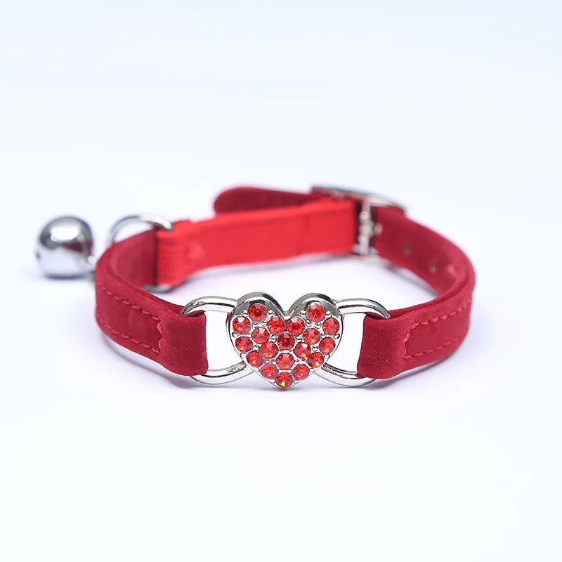 Velvet Cat Collar with Bell – Heart Charm Adjustable Elastic Collar