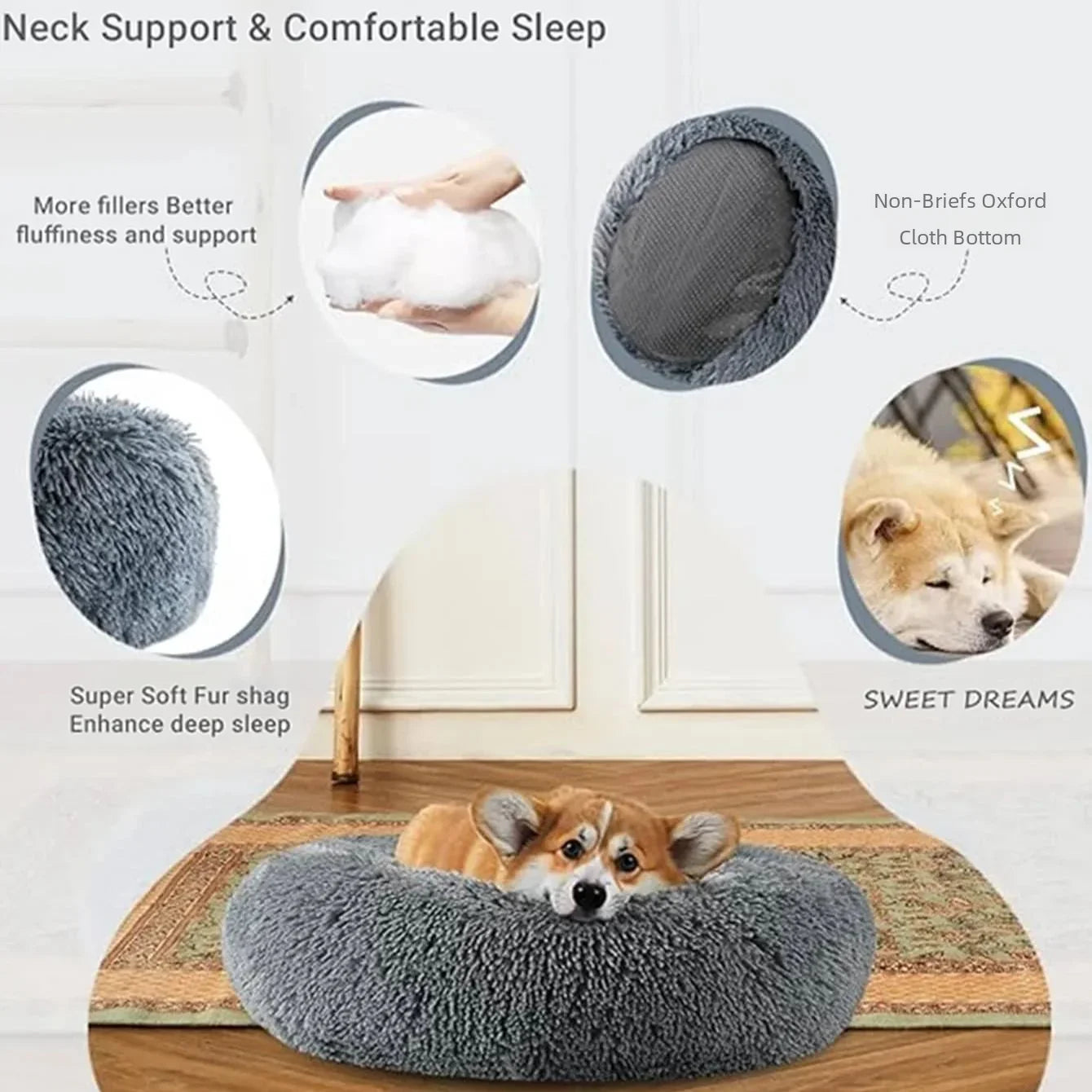 Plush Dog Bed Round Soft Calming Bed for Small Large Dogs & Cats
