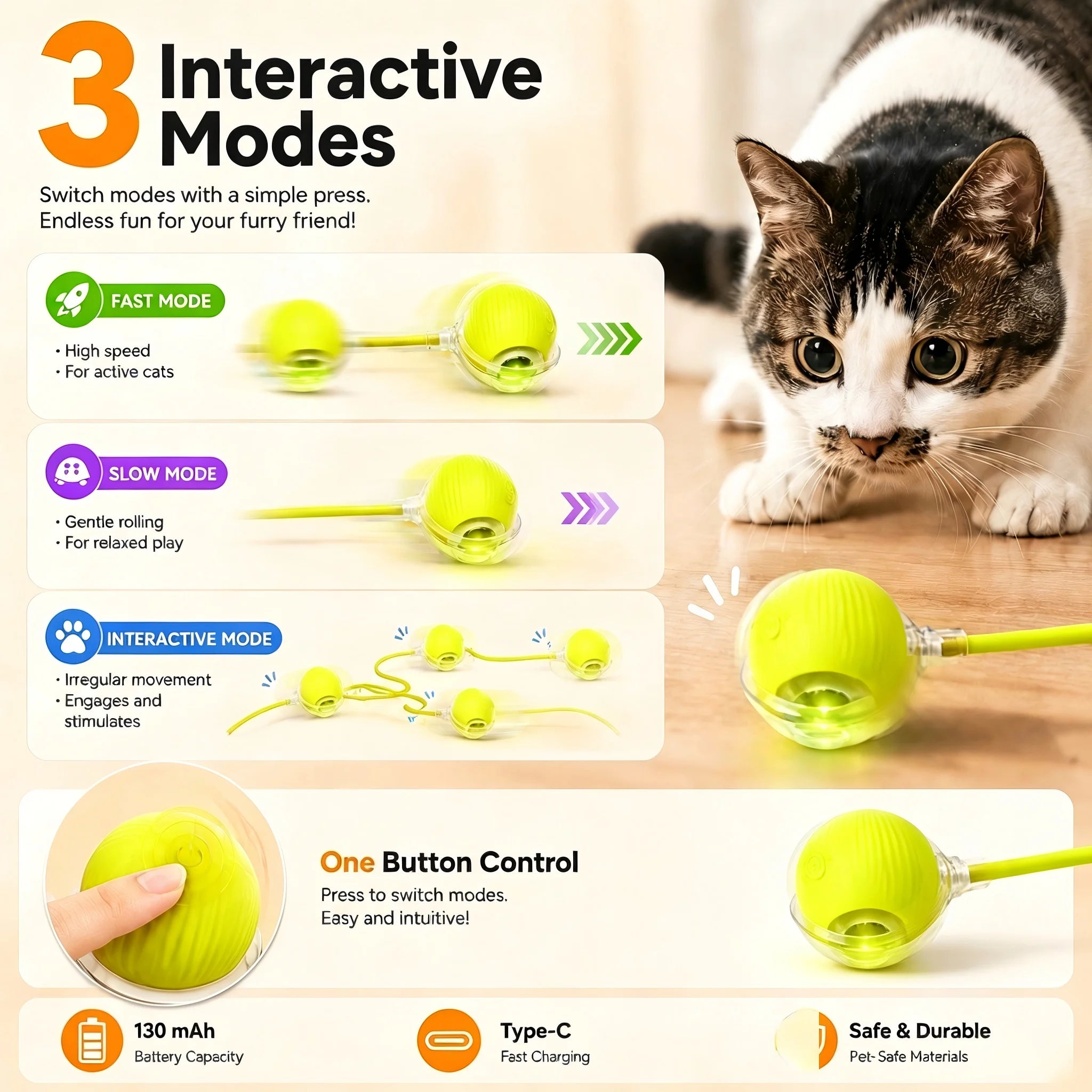 Smart Obstacle Avoidance Cat Ball Toy Adjustable Speed Electric Self Rolling Interactive Ball With Long Elastic Rope For Play