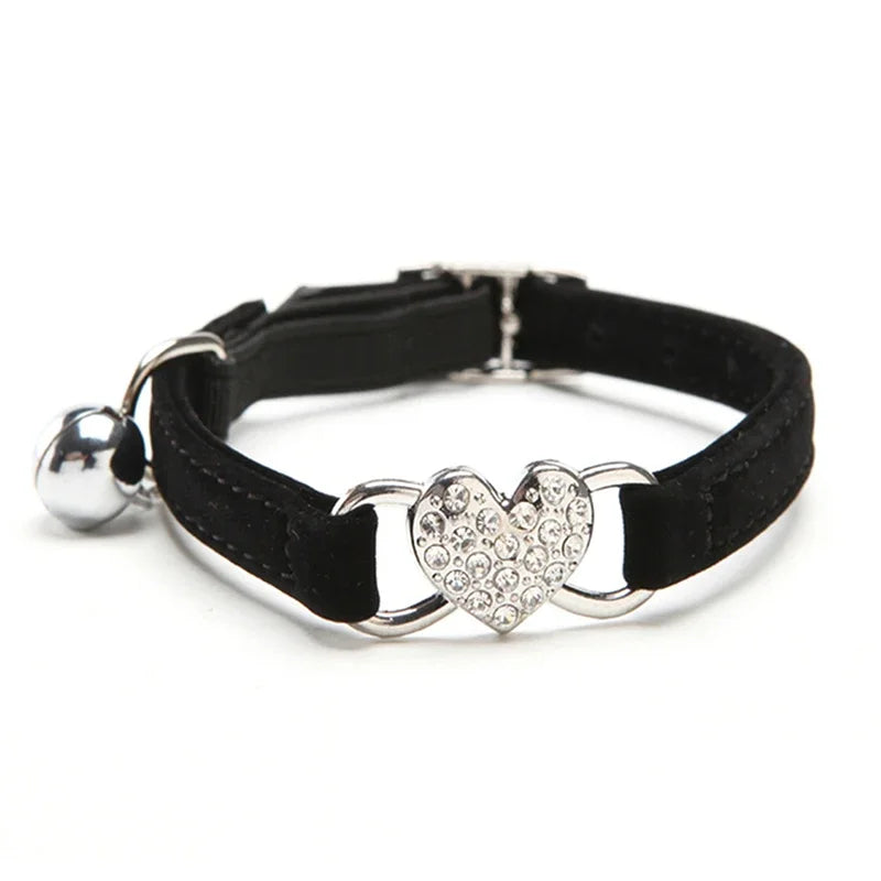 Velvet Cat Collar with Bell – Heart Charm Adjustable Elastic Collar