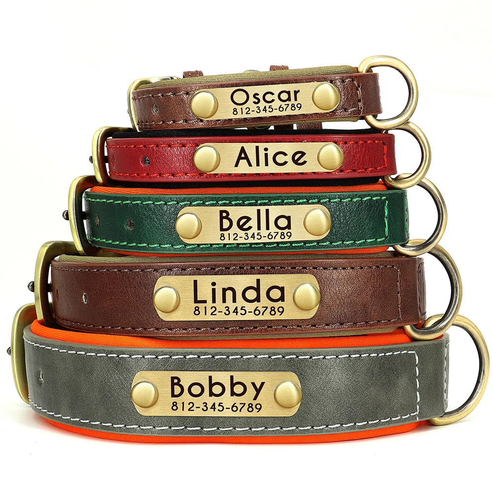 Personalized Dog Collar, Adjustable Padded PU Leather Collar