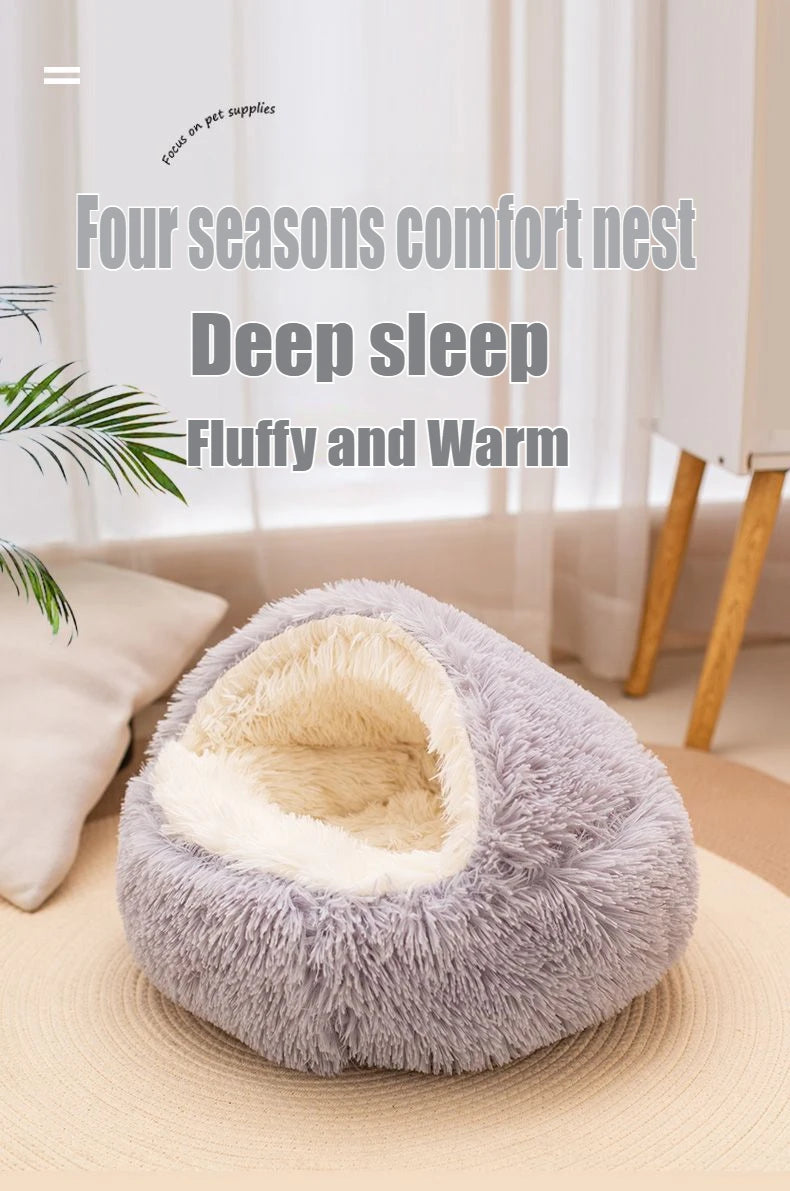 Covered Cat Bed – 2-in-1 Plush Cave Bed for Cats & Small Dogs