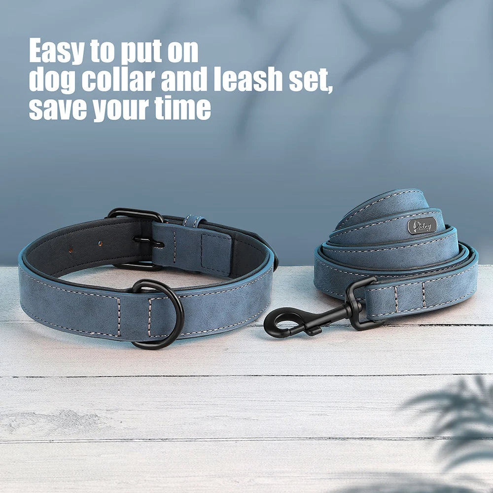 PU Leather Dog Collar and Leash Set, Adjustable Padded