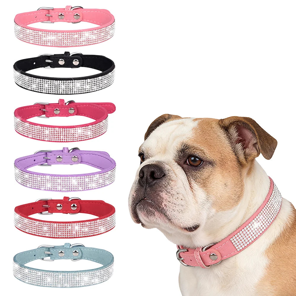 New Shiny Rhinestone Pet Collar, Soft Microfiber Adjustable Collar for Small Medium Dogs & Cats, Lightweight Walking Collar