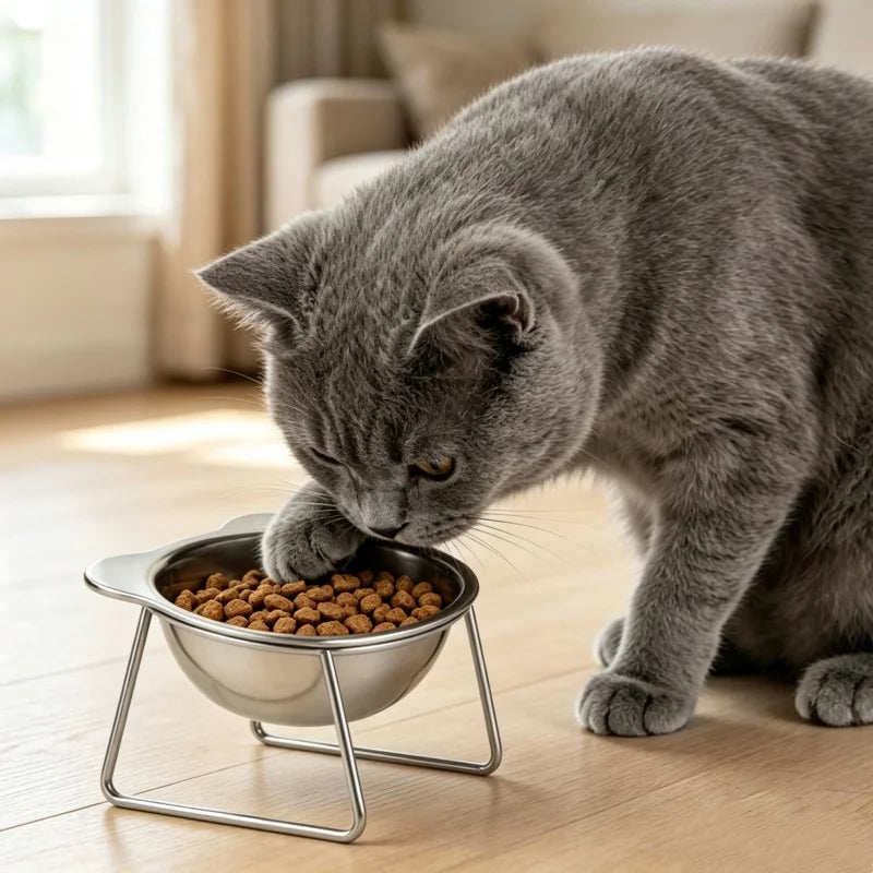 Tilted Cat Bowl – Stainless Steel Food Dish with Metal Stand