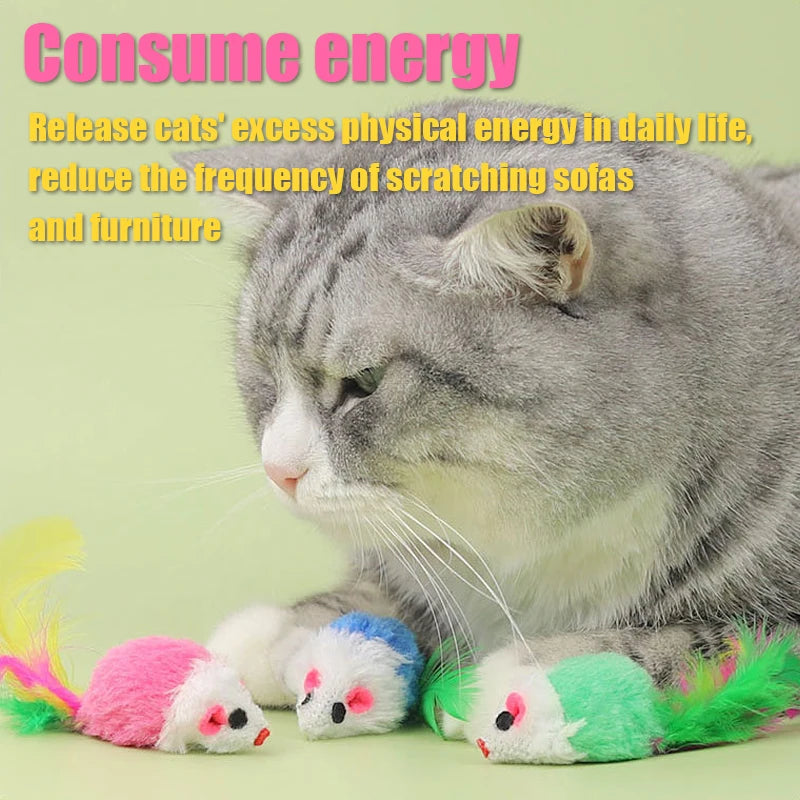Plush Mouse Cat Toy with Sound & Colorful Feather Tail