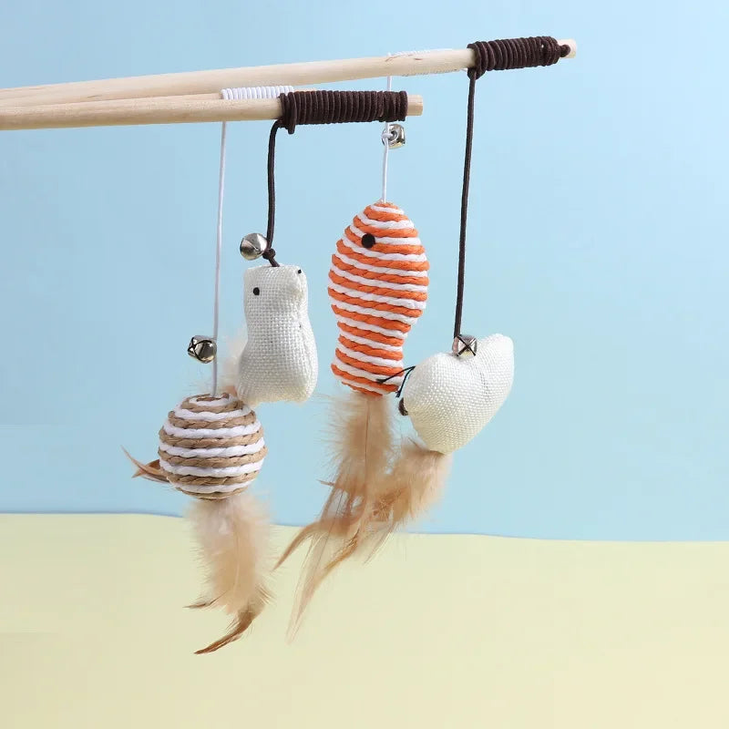 Cat Teaser Toy – Wooden Wand with Bell & Elastic Rope